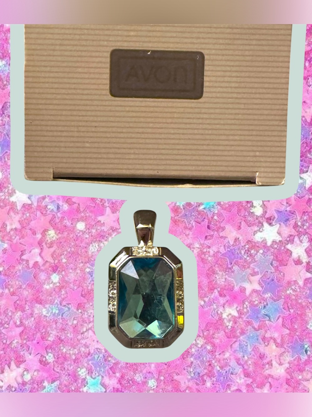 Avon NIB simulated aquamarine necklace enhancer NWT 1987 pendant rhinestones 80s
